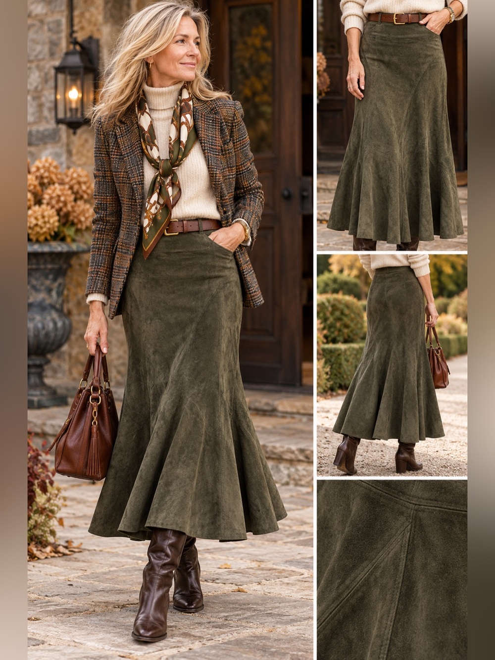 VTG Danier Genuine Suede Leather Fit & Flare Maxi Skirt Olive Green Size 16